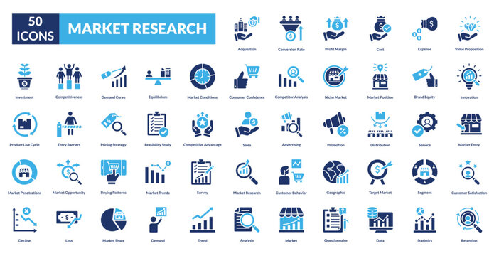 Market research line icon collection set. Includes analysis, survey, data, consumer, trends, insights, competitor, demographics, metrics, behavior, forecast, statistics, opportunity, strategy