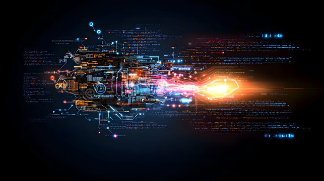 Abstract Digital Data Flow Network: Glowing Colorful Particles and Lines in Motion - Powered by Adobe