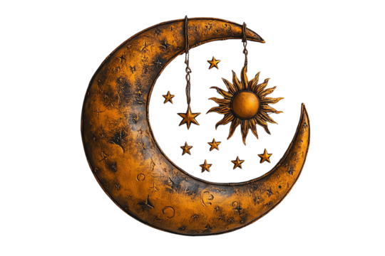 Decorative sun and moon motif with stars, showcasing a blend of celestial design and warm colors.