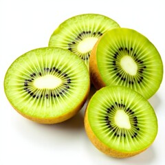 Fototapeta premium Sliced kiwi fruit with visible seeds and bright green flesh, isolated on white background, macro, close-up