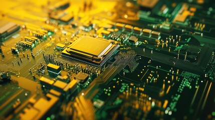 Obraz premium Detailed Green and Gold Circuit Board Close-Up Illustrating Advanced Technology