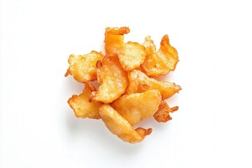 Crispy golden-brown fried potato chips on a white background.