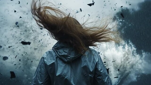 Defying the Storm: A person, caught in a powerful storm with debris swirling around, conveying the raw force of nature and the human spirit's resilience