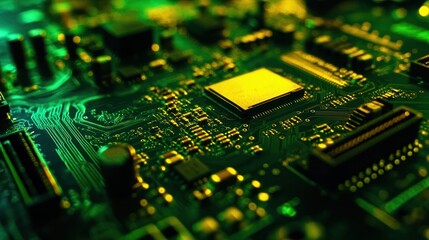 Fototapeta premium Intricate Green and Gold Circuit Board Close-up: A Study in Technology