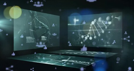 Animation of DNA strands and social media icons on digital screens in school - Powered by Adobe