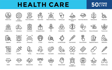 Health Care icons set with patient care, doctor consultation, nurse assistance, patient bed, patient monitoring, stethoscope, blood pressure check, heart rate monitor icon. Simple line vector 
