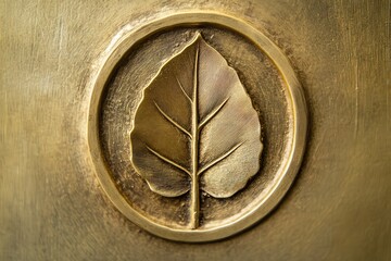 Golden leaf emblem in a circular frame on a textured background.