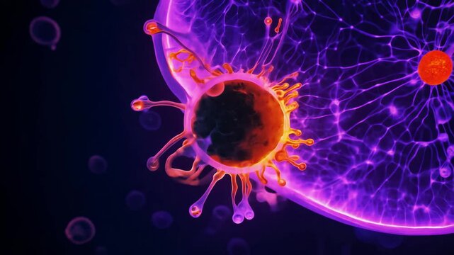 Dolly out video of a bacterium undergoing binary fission, vibrant purple and orange color lighting emphasize the division process