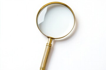 Golden magnifying glass on a white background.