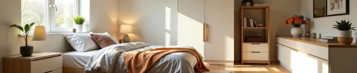 Small bedroom with space-saving storage solutions and neutral colors, interior decor, storage