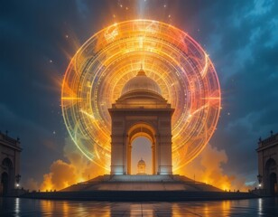 Fototapeta premium Majestic Archway Illuminated by a Futuristic Holographic Circle at Night