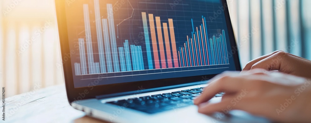 Poster personalized marketing advertising concept. laptop displaying colorful data charts and graphs with h