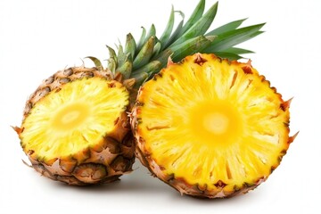 Fresh pineapple cut in half showcasing juicy yellow interior.