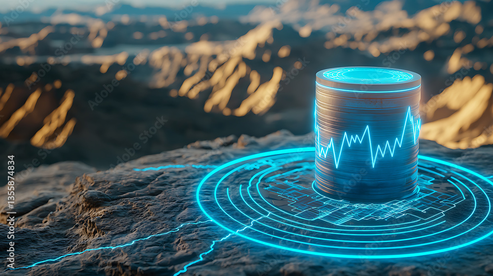 Poster analyzing data trends with 3d visualization technology in remote landscapes digital art futuristic c