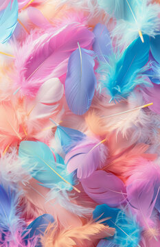 A whimsical dream of pastel feathers softly dancing together creating a soothing atmosphere of gentle colors and comforting textures captured with light diffused illumination.