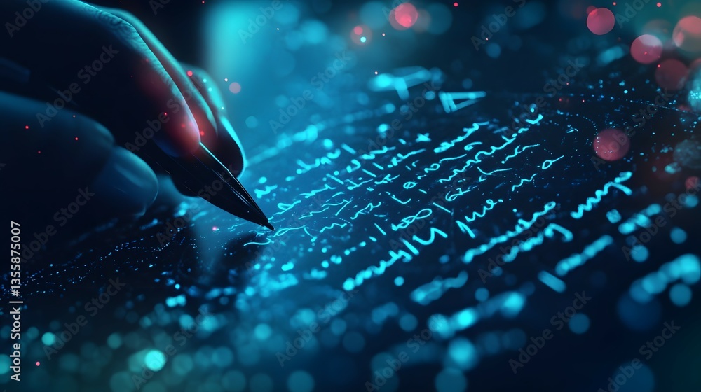 Poster close-up of a hand writing intricate notes on a glowing surface, with abstract light effects in the 