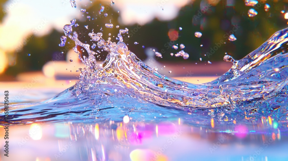 Poster luminous plasma waves create undulating water splash at poolside captivating nature in vibrant refle