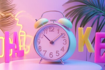 A stylish social media ad mockup featuring an alarm clock with animated sale signs.