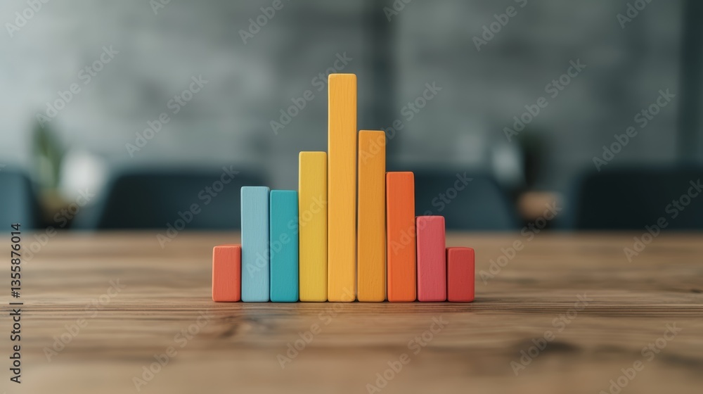 Poster data analytics concept. colorful wooden bars arranged in a graph-like structure, set against a blurr