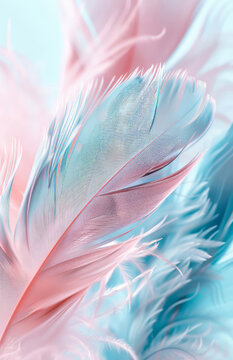 Whispers of dawn feathers painted in ethereal pastel dreams a calming ballet of texture light and gentle hope shimmering iridescent on a soft blue and pink background.