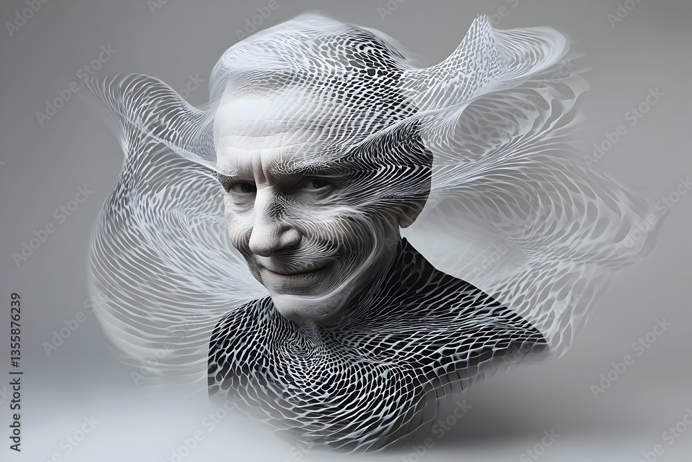 Poster abstract digital portrait of a man emerging from a mesh pattern