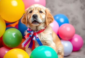 Golden Retriever Puppy Surrounded by Colorful Balloons