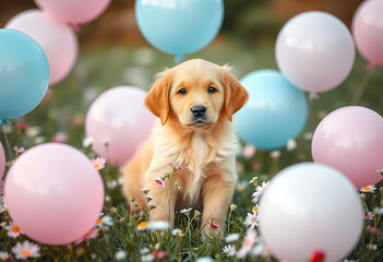 Golden Retriever Puppy Surrounded by Pastel Balloons and Flowers