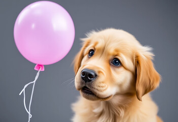 Golden Retriever Puppy with a Pink Balloon