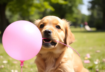 Golden Retriever Puppy with a Pink Balloon