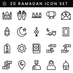 Set of 20 Ramadan icons in black outline style, featuring mosque, Quran, crescent moon, lantern, prayer, zakat, fasting, ketupat, dates, and more. Perfect for Islamic themes and festive designs.