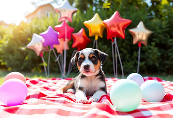 Bernese Mountain Dog Puppy with Colorful Stars and Balloons