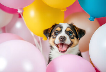 Bernese Mountain Dog Puppy with Colorful Balloons
