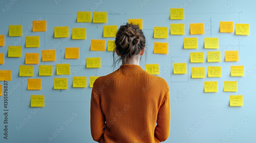 Poster data analytics concept. a person stands in front of a wall covered with yellow sticky notes, deep in