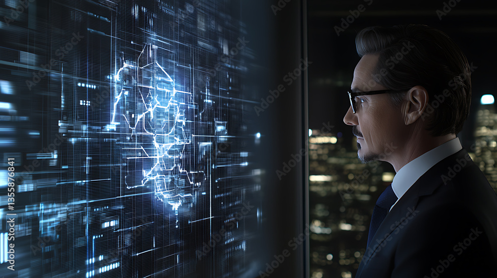 Aufkleber analyzing digital data networks corporate office visual presentation urban environment side view tec