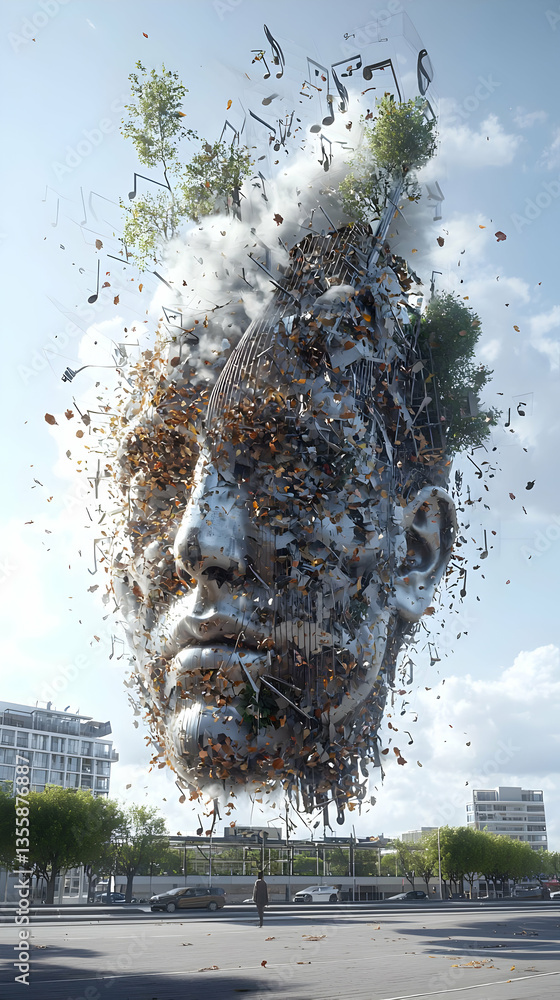 Poster abstract digital sculpture of a face transforming into a tree in an urban setting