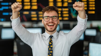 Data analytics concept. A cheerful professional celebrates success in a trading environment, showcasing excitement and accomplishment amidst financial data displays.