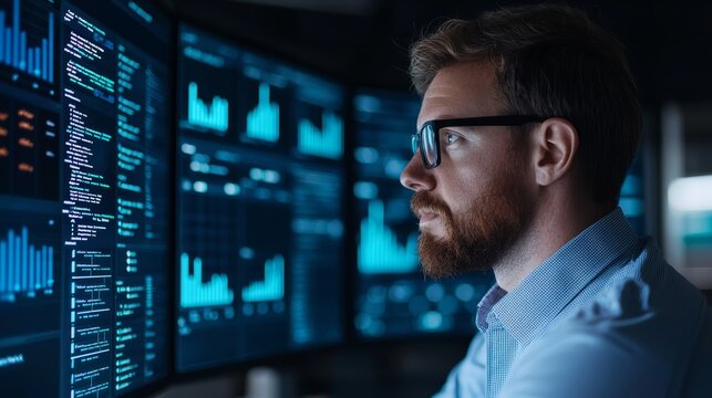 Data analytics concept. A focused professional analyzing data on multiple screens in a dimly lit environment.