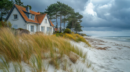 Coastal Cottage on Sandy Dune Overlooking the Sea with Overcast Sky and Evergreen Trees on a Sunny Day in France