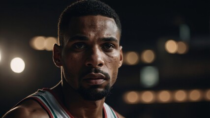 Intense Gaze: A close-up shot of a determined basketball player locking eyes with the camera, illuminated under the arena lights.