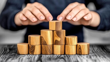 Hands carefully building a pyramid of wooden blocks