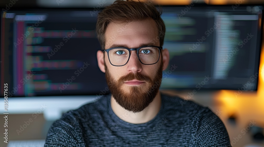 Poster data analytics concept. focused man in glasses with a beard, sitting in front of a computer screen, 