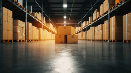 Obraz premium Industrial Warehouse Interior with Rows of Cardboard Boxes and Soft Ambient Lighting
