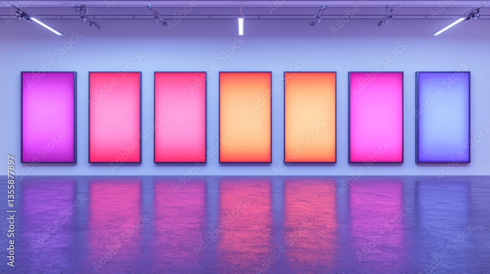 Poster data analytics concept. colorful abstract art pieces displayed in a modern gallery with reflective f