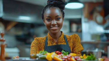 Beautiful young chef presents fresh ingredients in a restaurant kitchen