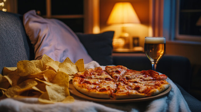 Cozy Late Night Snack Setup with Pizza Slices and Chips on Sofa