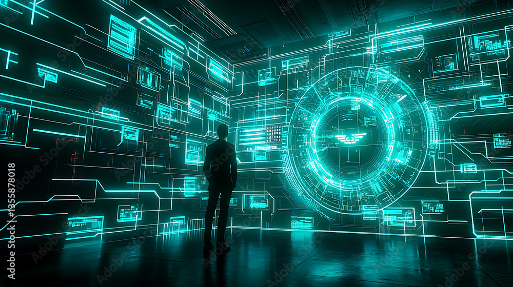 Poster exploring futuristic technology in a virtual environment digital space immersive experience high-tec