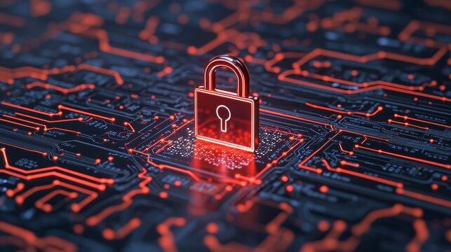 Data analytics concept. A digital lock symbolizing cybersecurity on a circuit board background.