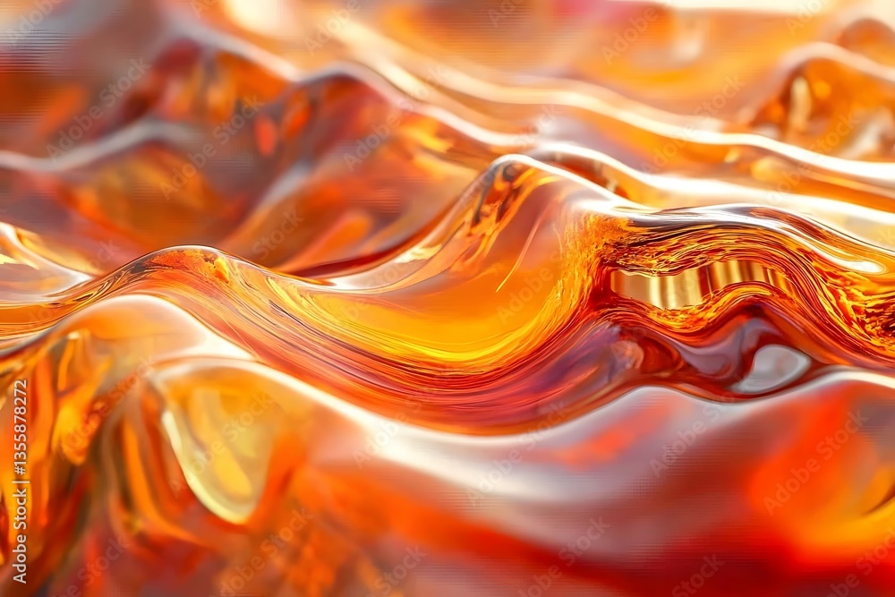 Poster abstract representation of flowing orange liquid with smooth waves and reflections in a vibrant sett