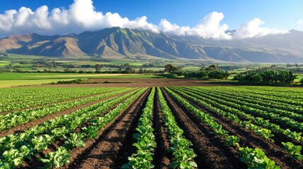 Lush Green Crop Fields Under Bright Blue Sky and Majestic Mountains in the Background