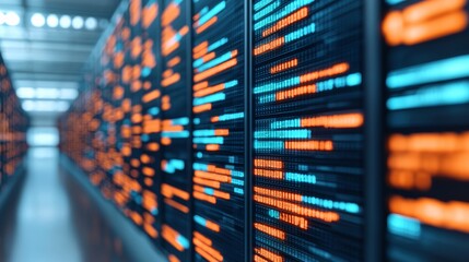 Data analytics concept. Data servers illuminated with vibrant orange and blue lights, creating a futuristic and technological ambiance in a data center.